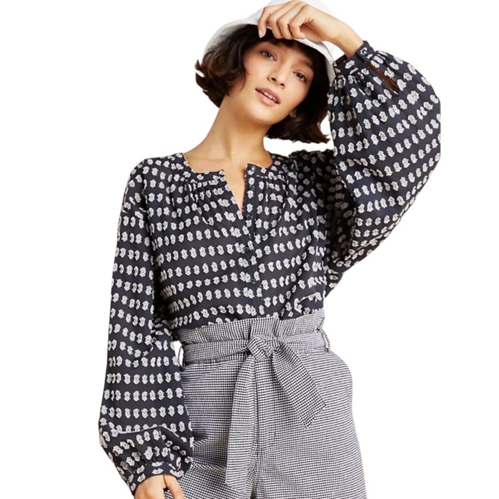 Anthropologie Pilcro Tavi Textured Navy Long Sleeve Blouse